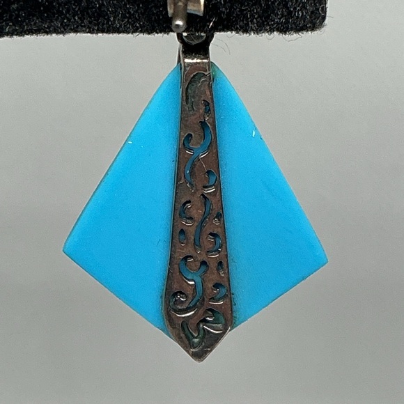 925 Sterling Silver Faux Turquoise Marcasite Art Deco Style Dangle Earrings - Picture 5 of 9